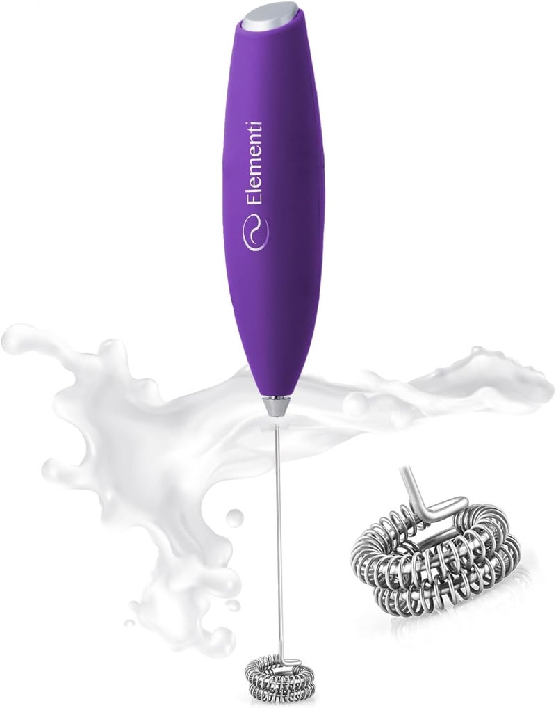 Elementi Milk Frother Wand with Double Whisk - Coffee Frother Electric Stirrer - Matcha Whisk & Drink Mixer Handheld - Hand Held Electric for Coffee (Purple) - Image 1